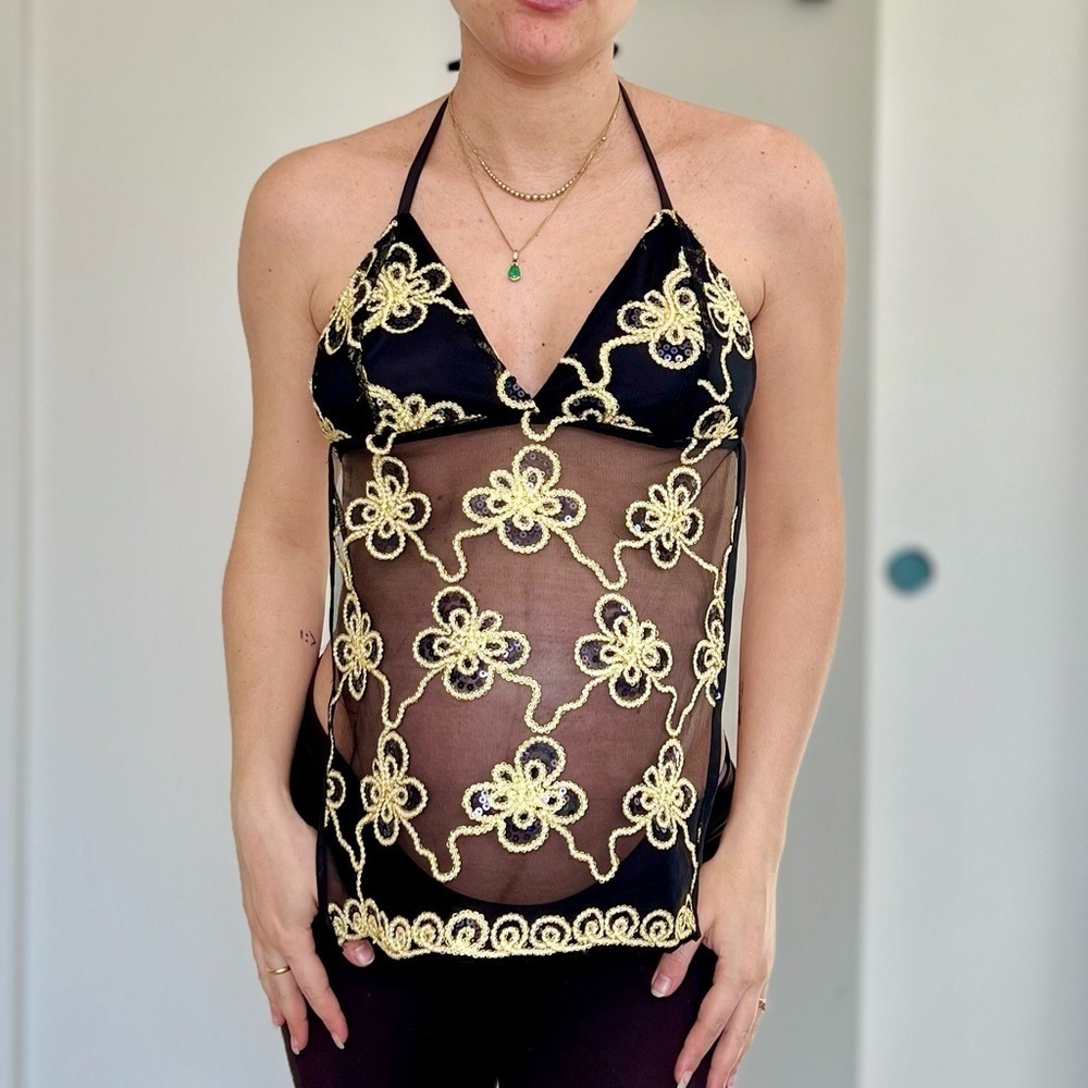 Handmade Y2K Fairycore Ibiza Gold
Embellished Halter Backless Vest Top - Small